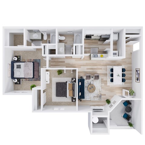 Floor plan for 2 beds, 2 baths, 950 sqft
